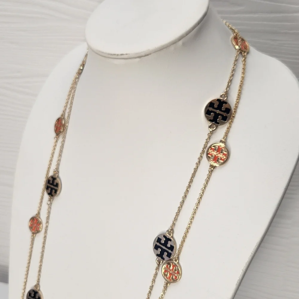 Tory Burch 2 Logo Necklaces Orange And Black 19.5